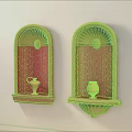 Decorative Wall Niches With Red And Orange Designs Golden Vessels Mounted On White Wall