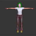 Woman in White T-shirt and Blue Jeans Standing with Arms Outstretched on Gray Background