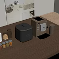 Wooden Kitchen Counter With Coffee Maker Spice Jars And Small Appliances