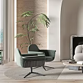 Modern Living Room Sofa Coffee Table Combination With Green Armchair And Potted Plant