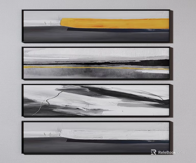 Abstract Wall Art Set of Four Black White Grey Yellow Minimalist Canvas Paintings 3d model 