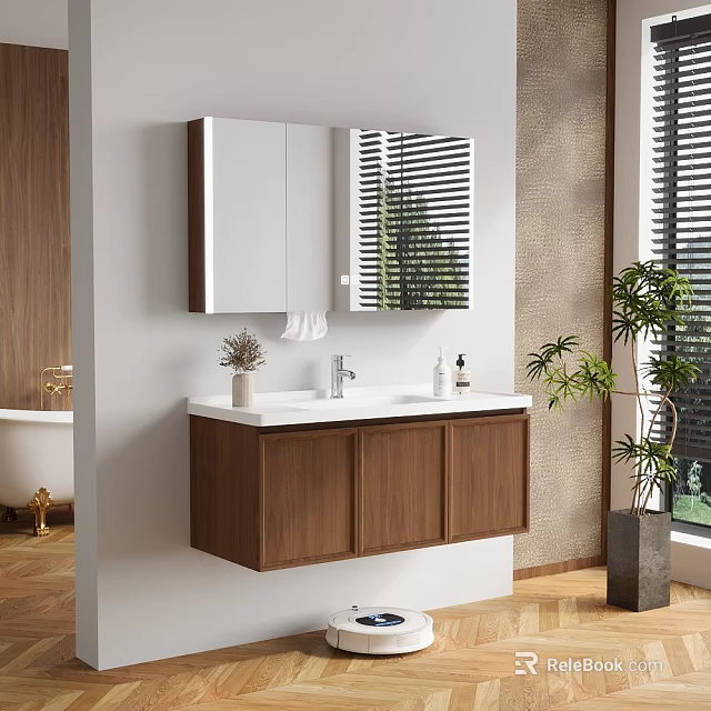 Modern Bathroom Wooden Vanity Cabinet With Mirror Sink And Natural Light 3d model 