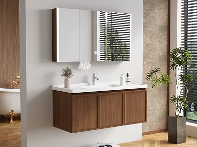 Modern Bathroom Wooden Vanity Cabinet With Mirror Sink And Natural Light 3d model