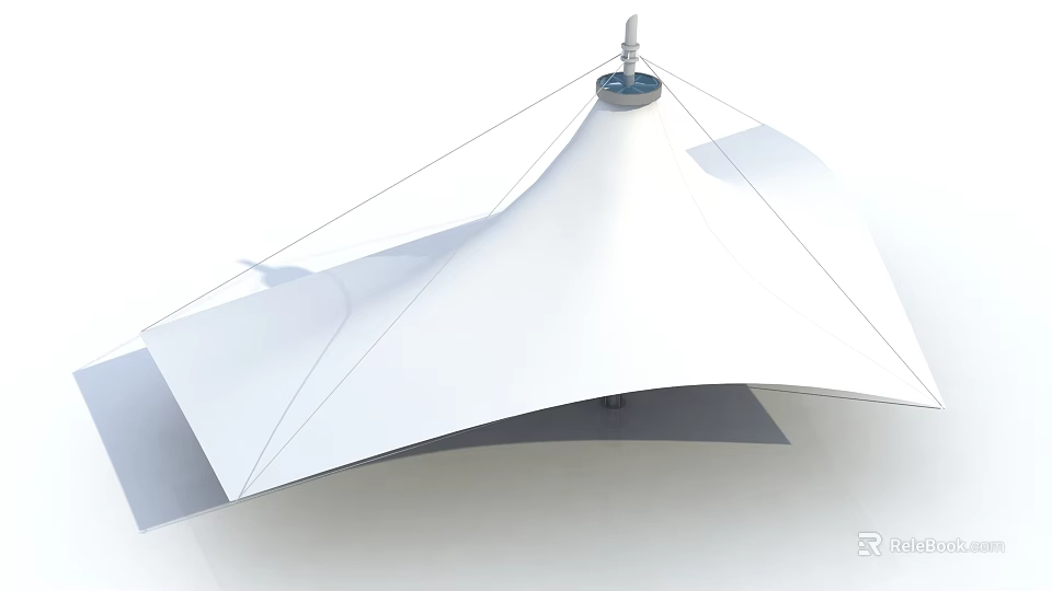 White Tensile Membrane Sunshade Canopy With Central Support And Curved Fabric 3d model 