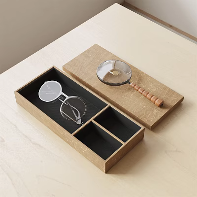 Transparent Glasses Shaped Jewelry In Wooden Jewelry Box With Compartments And Wooden Handle Magnifier 3d model