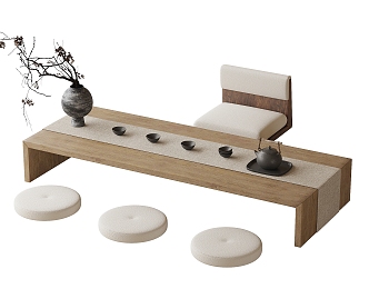 Tatami Tea Table and Chair Combination Tea Table Tea Set Cushion 3d model