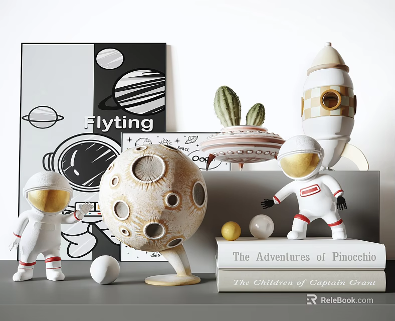Space Themed Decorative Ornament Set With Astronaut Figurines Moon Decor Spaceship Cactus And Books 3d model 