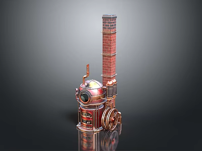 Vintage Industrial Equipment with Red Brick Chimney Round Metal Body and Wheels 3d model