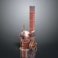 Vintage Industrial Equipment with Red Brick Chimney Round Metal Body and Wheels