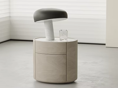 Modern Light Wooden Round Bedside Table With Drawer Lamp And Glass 3d model