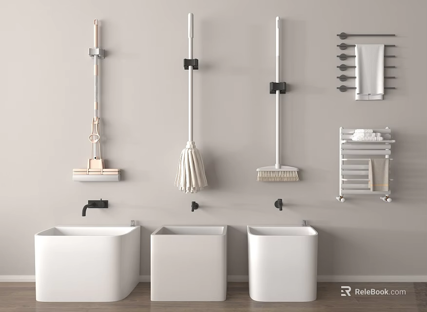 Bathroom Interior With Wall Mounted Cleaning Tools Sinks And Towel Rack 3d model 