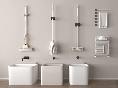 Bathroom Interior With Wall Mounted Cleaning Tools Sinks And Towel Rack 3d model