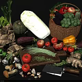 Fresh Assorted Vegetables in Wicker Basket with Cutting Board and Kitchen Knife