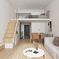 Modern Loft Apartment Open Layout With Wooden Stairs Sofa Coffee Table And Dining Area