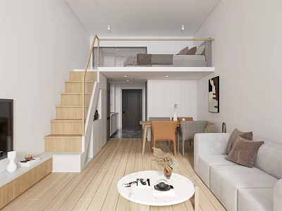 Modern Loft Apartment Open Layout With Wooden Stairs Sofa Coffee Table And Dining Area 3d model