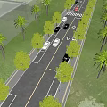 Municipal Road with Lanes Vehicles Lined Trees and Street Lamps