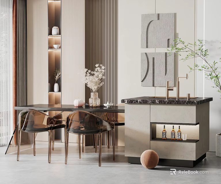Elegant Modern Dining Table Set With Transparent Chairs Marble Cabinet And Geometric Wall Art 3d model 