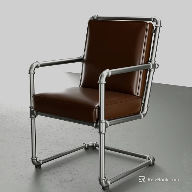 Modern Industrial Single Chair With Brown Leather Seat And Metal Pipe Frame 3d model 