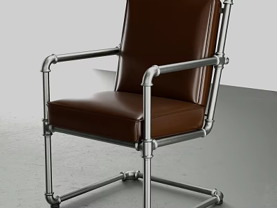 Modern Industrial Single Chair With Brown Leather Seat And Metal Pipe Frame 3d model