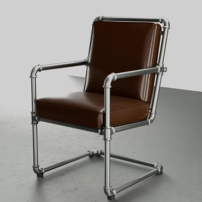Modern Industrial Single Chair With Brown Leather Seat And Metal Pipe Frame 3d model