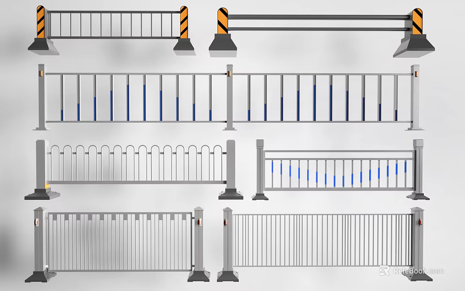 Different Styles Of Metal Fences With Safety Railings And Blue Accent Details 3d model 