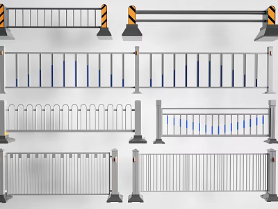 Different Styles Of Metal Fences With Safety Railings And Blue Accent Details 3d model