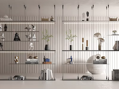 Modern Open Bookshelf With Decorative Items Potted Plants Books And Sculptures 3d model