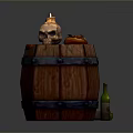 Wooden Barrel With Burning Skull Leather Pouch And Green Bottle