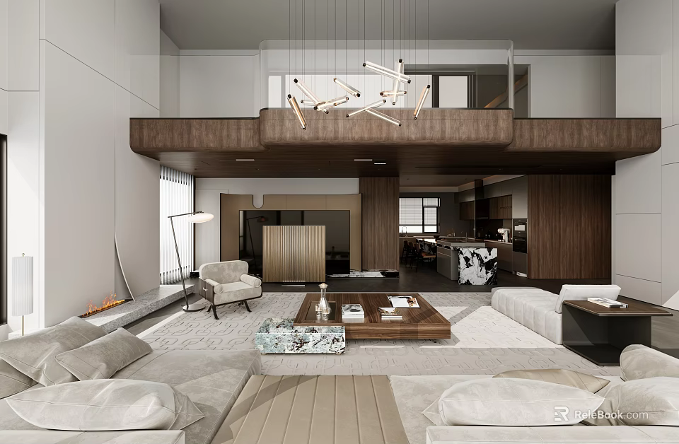 Elegant Modern High Ceiling Living And Dining Room With Warm Wooden Accents And Comfortable Furnishings 3d model 