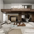 Elegant Modern High Ceiling Living And Dining Room With Warm Wooden Accents And Comfortable Furnishings