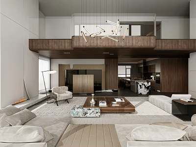 Elegant Modern High Ceiling Living And Dining Room With Warm Wooden Accents And Comfortable Furnishings 3d model
