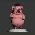 Cheerful Cartoon Pink Pig With Spiky Hair Holding Green Grass Standing On White Platform