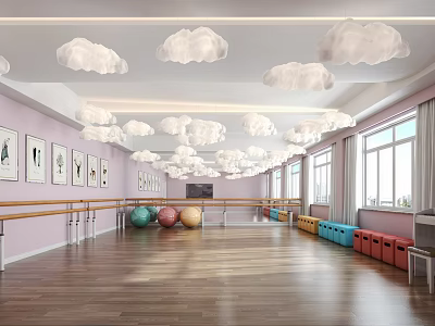 Dance Studio With Wooden Floors Pink Walls Cloud Lights Barres And Colorful Exercise Balls 3d model