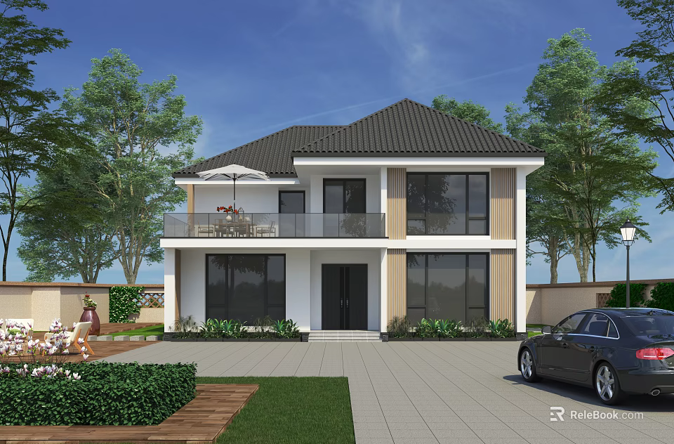 Stylish Two Story Detached Villa Exterior With Dark Roof Large Windows Balcony And Greenery 3d model 