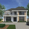 Stylish Two Story Detached Villa Exterior With Dark Roof Large Windows Balcony And Greenery