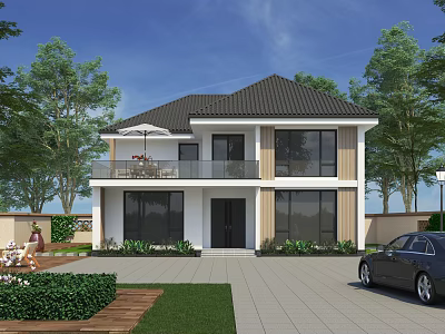 Stylish Two Story Detached Villa Exterior With Dark Roof Large Windows Balcony And Greenery 3d model