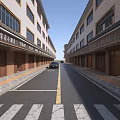 Traditional Chinese Commercial Street With Wooden Storefronts Chinese Signs And Car On Zebra Crossing Road