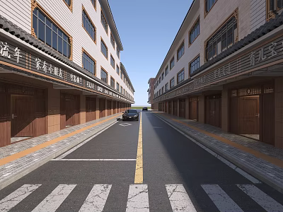 Traditional Chinese Commercial Street With Wooden Storefronts Chinese Signs And Car On Zebra Crossing Road 3d model