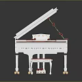 Elegant White Grand Piano With Red Cushion Piano Stool And Open Lid 3d model
