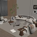 Light Colored Curved Sofa Round Coffee Table Set With Side Tables Floor Lamp Wall Art