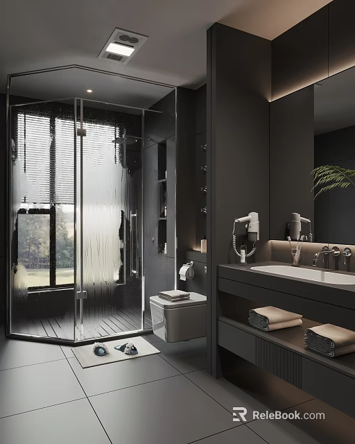 Modern Bathroom Interior With Glass Shower Black Vanity Mirrored Walls And Towels 3d model 