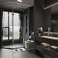 Modern Bathroom Interior With Glass Shower Black Vanity Mirrored Walls And Towels