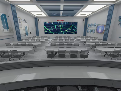 Modern Conference Room Interior With Large Digital Screen Data Charts Arranged Tables And Chairs 3d model