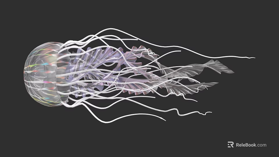 Transparent Aquatic Jellyfish With Long Colorful Tentacles In Marine Environment 3d model 