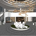 Luxurious Modern Sales Office Interior With Circular Ceiling Grand Chandelier And White Sofas