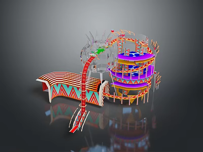 Colorful Rotating Amusement Structure With Spiral Slide And Tiered Striped Platforms 3d model