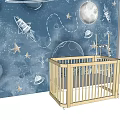 Wooden Baby Crib In Nursery With Space Themed Wallpaper Planets Rocket And String Lights