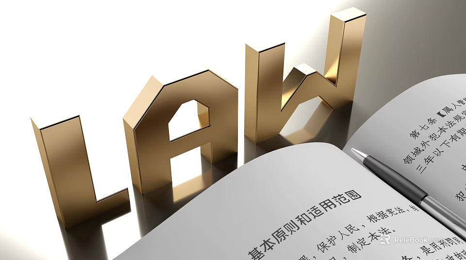 Decorative Ornament Set with Golden 3D LAW Letters Open Book and Fountain Pen 3d model 