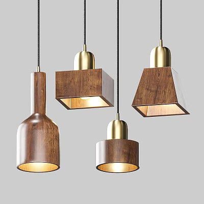 Modern Wooden and Brass Pendant Lights with Various Shapes and Illuminated Design for Interior Spaces 3d model