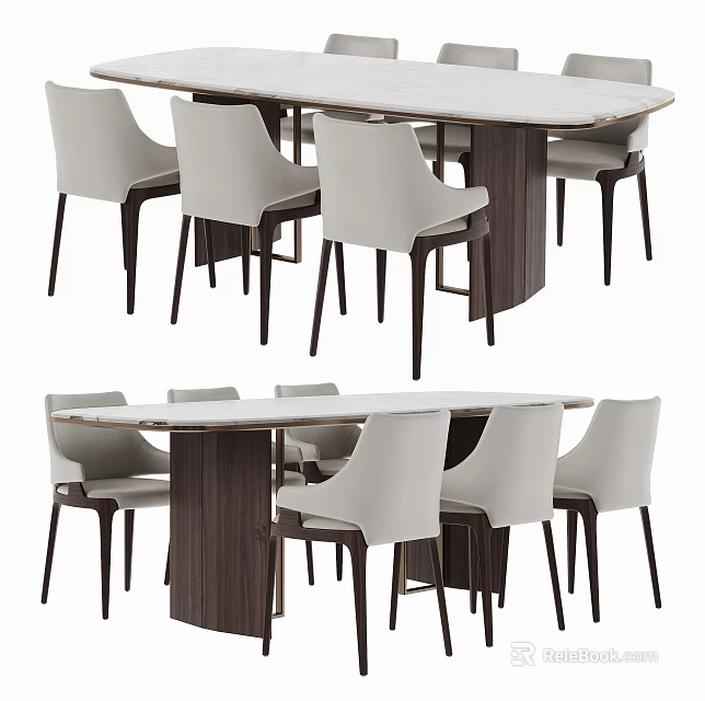 Elegant Modern Dining Table Set With Wooden Top And Beige Upholstered Chairs 3d model 